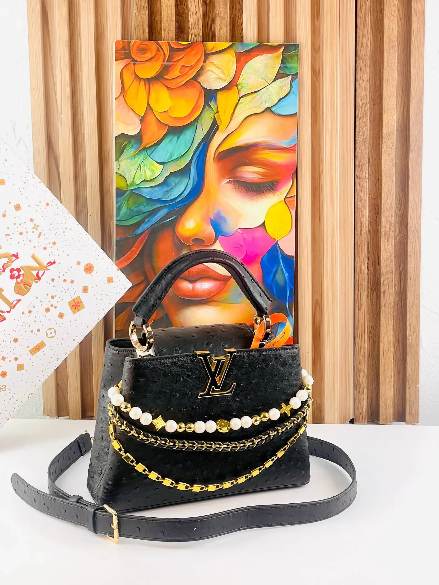 Louis Vuitton Pearl Chain Handbag (18↕️ X 26↔️, Black)